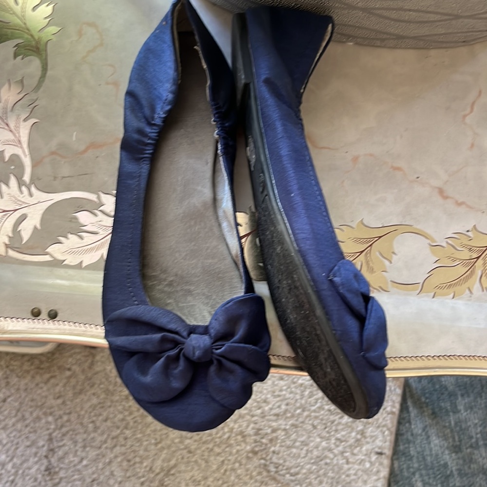 Navy bow ballet flats jacquard satin